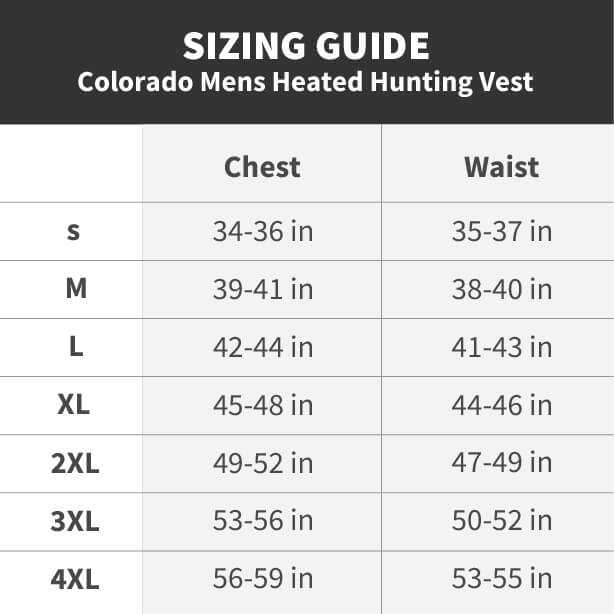 Sizing guide for Colorado Men's Heated Hunting Vest-Mossy Oak Camo, showing chest and waist measurements for sizes S to 4XL.