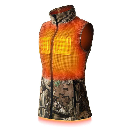 Colorado Women's Heated Hunting Vest in Mossy Oak Camo with conductive heating elements and USB port for mobile charging.