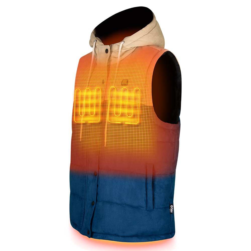 Colt Mens Heated Vest with Hood in blue and cream, featuring Gobi Heat system and drawstring hood.