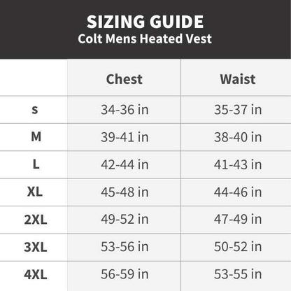 Sizing guide for Colt Mens Heated Vest, showing chest and waist measurements for sizes S to 4XL.