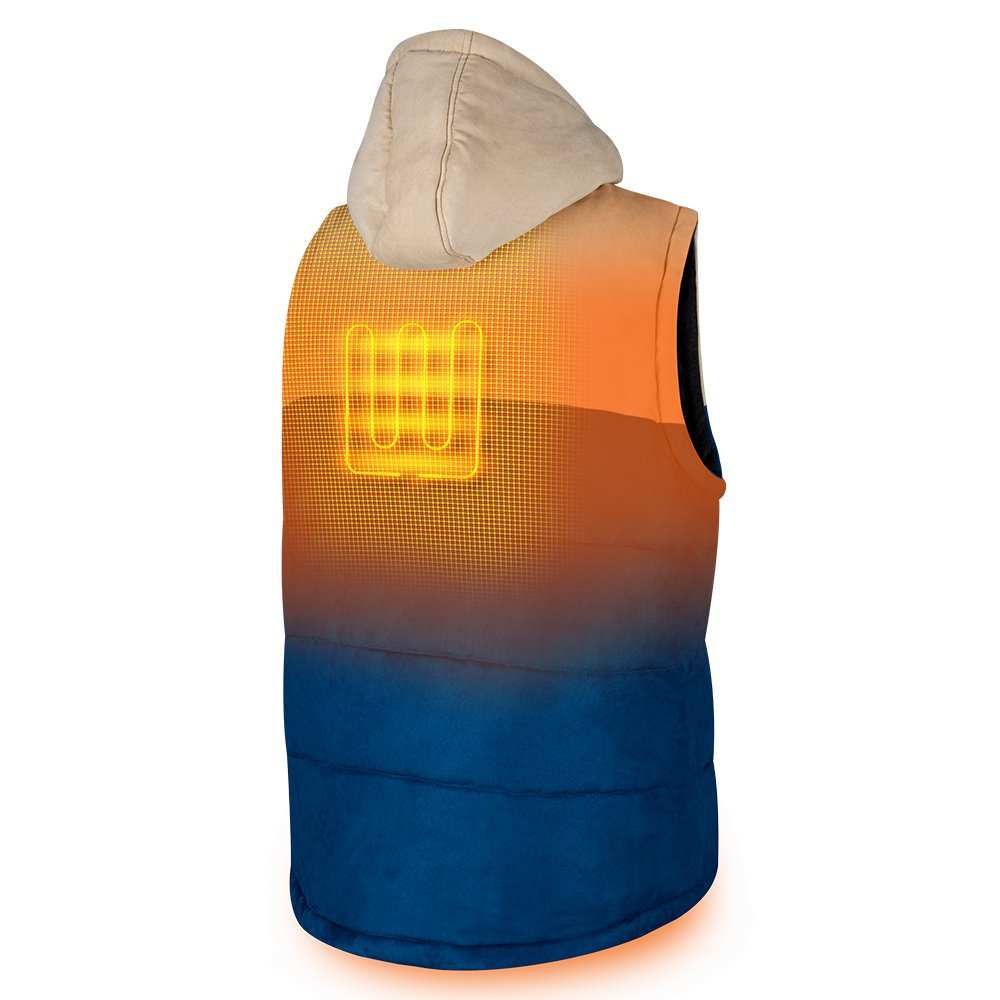 Colt Mens Heated Vest with Hood, two-toned blue and cream design, Gobi Heat conductive thread heating system, flannel-lined, microsuede outer shell.