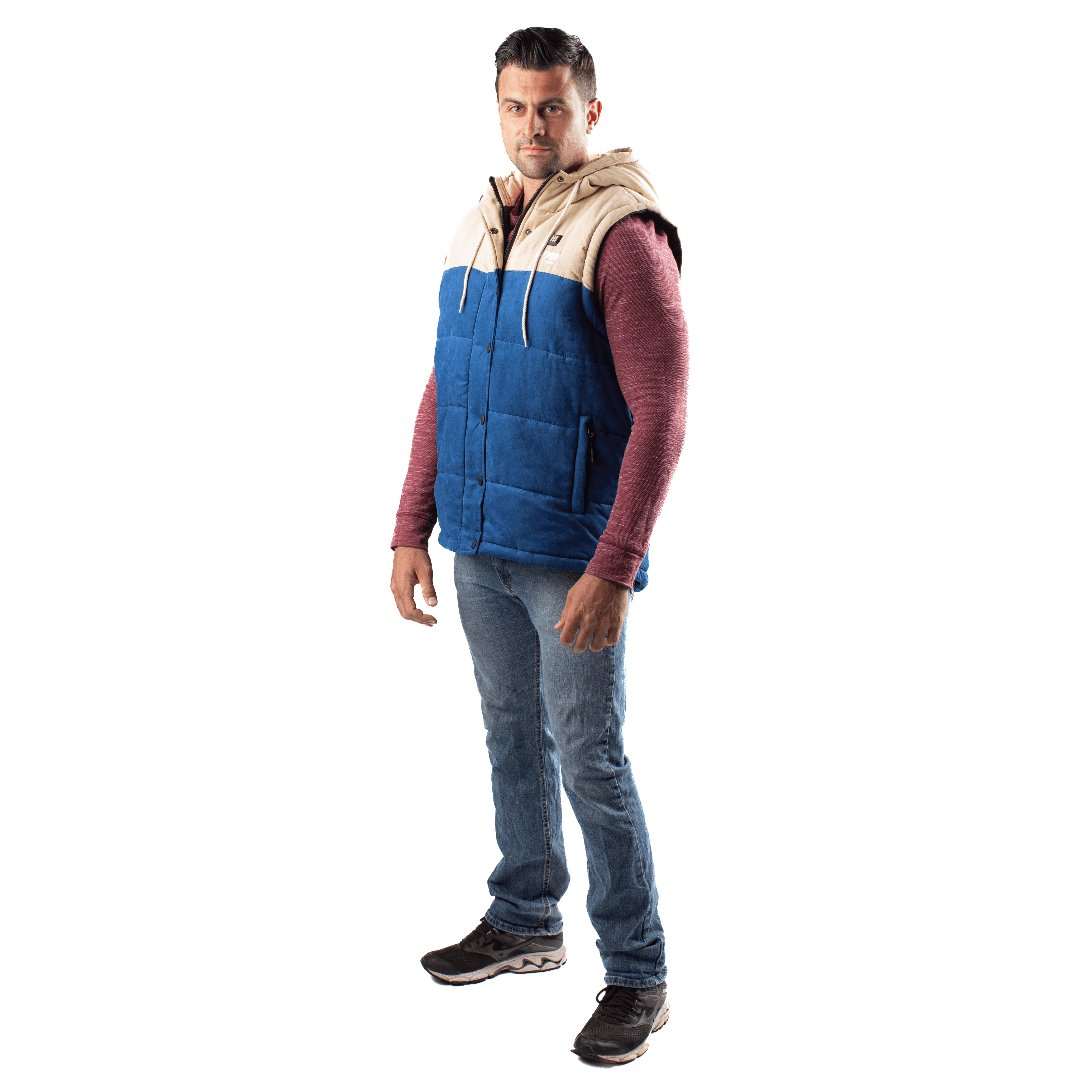 Colt Mens Heated Vest with Hood, blue and cream puffer style, featuring a drawstring hood and Gobi Heat technology.