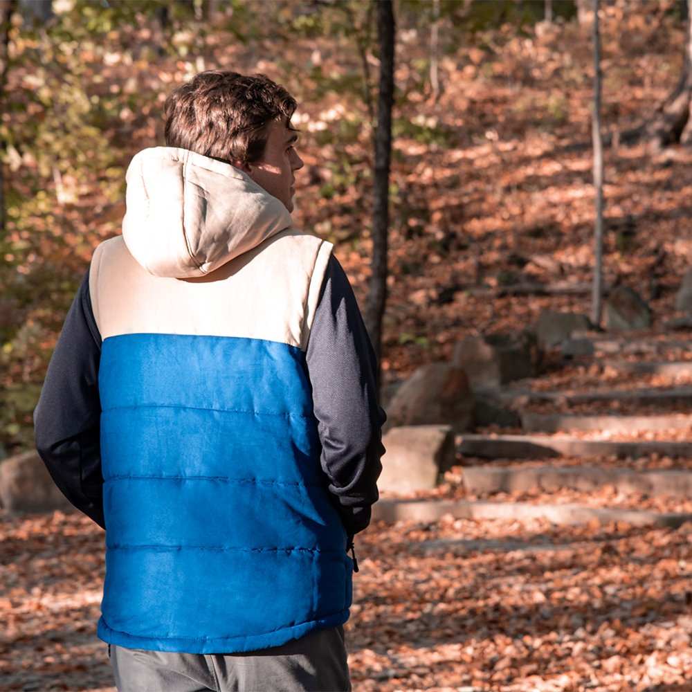 Colt Mens Heated Vest with Hood in blue and cream, featuring a drawstring hood and Gobi Heat technology.