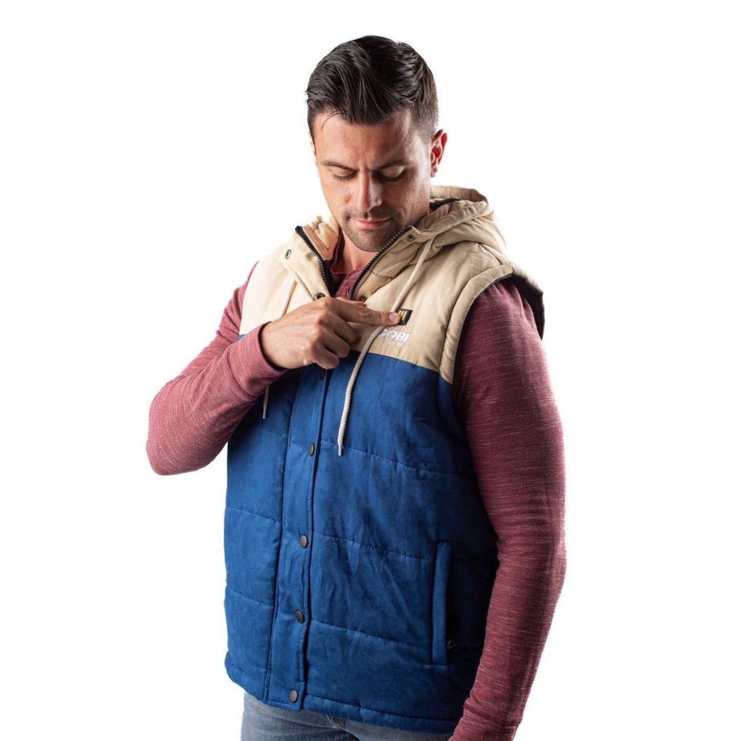 Colt Mens Heated Vest with Hood in deep blue and cream, featuring drawstring hood and flannel lining.