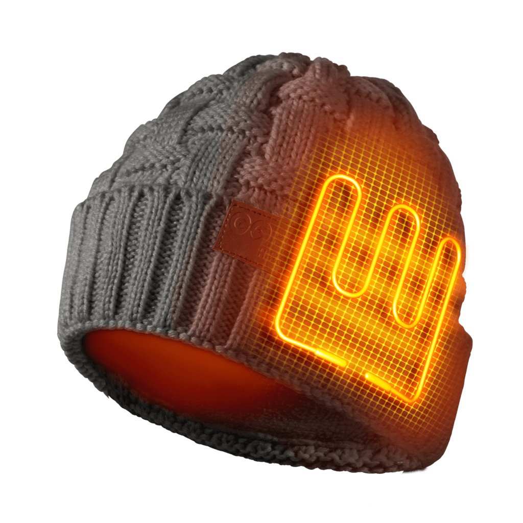 Crest Womens Heated Beanie with dual steel fiber heating areas and LED controller.