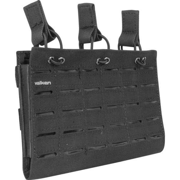 Black Valken Laser Cut Multi Rifle Triple Magazine Pouch with MOLLE slots and shock cord pull tabs.