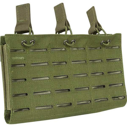 Multi Rifle Triple Magazine Pouch - Laser Cut in green heavy-duty nylon with MOLLE slots, holding three rifle magazines.