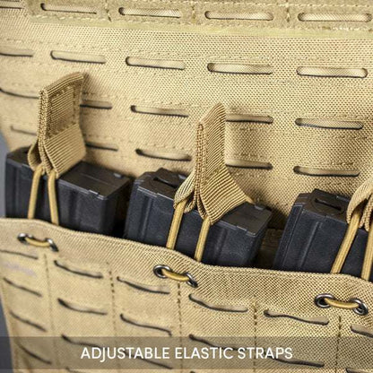 Laser cut multi rifle triple magazine pouch with adjustable elastic straps and MOLLE slots.