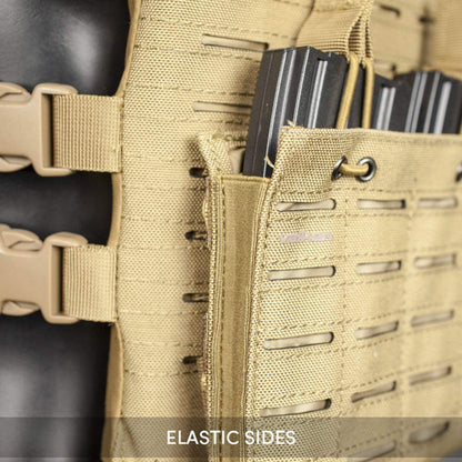 Laser cut multi rifle triple magazine pouch with elastic sides for MOLLE platforms.