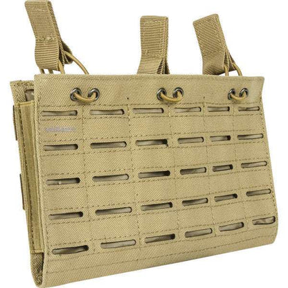 Multi Rifle Triple Magazine Pouch with Laser Cut MOLLE slots, heavy-duty nylon construction, and adjustable shock cord in tan.