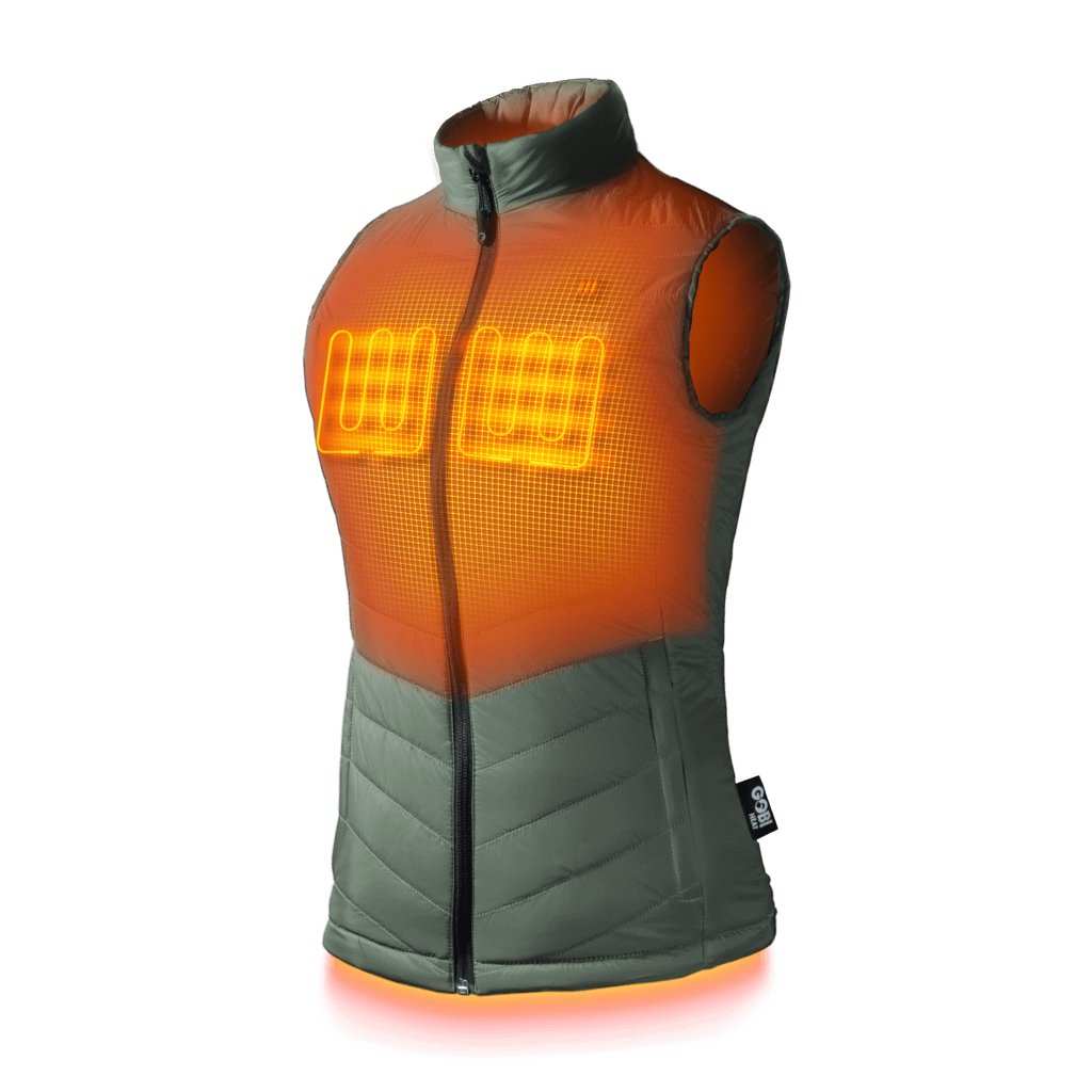 Dune Heated Vest for Women in green color with visible heating elements, provides up to 10 hours of warmth, USB charging.