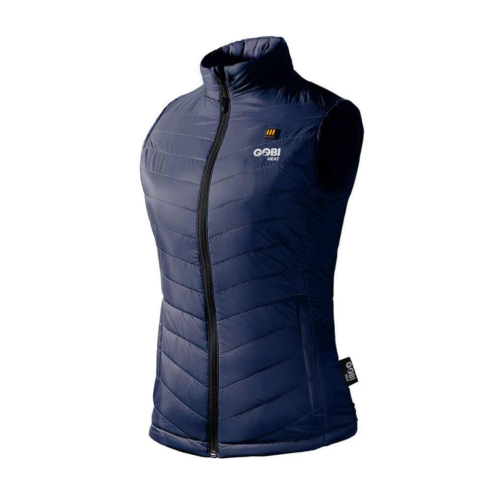 Women's heated vest in navy blue, lightweight nylon fabric with conductive heating elements, Dune Heated Vest.