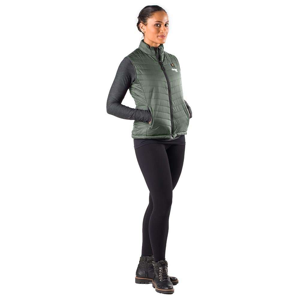 Dune Heated Vest for Women, lightweight with conductive thread heating elements, Moss color.