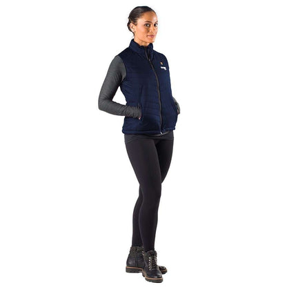 Dune Heated Vest for Women in Onyx, lightweight and abrasion-resistant with conductive thread heating elements.