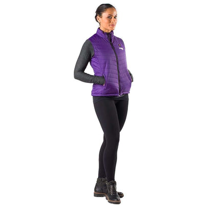 Woman wearing Dune Heated Vest in Plum color.