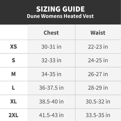 Sizing guide for Dune Heated Vest for Women, showing chest and waist measurements for sizes XS to 2XL.