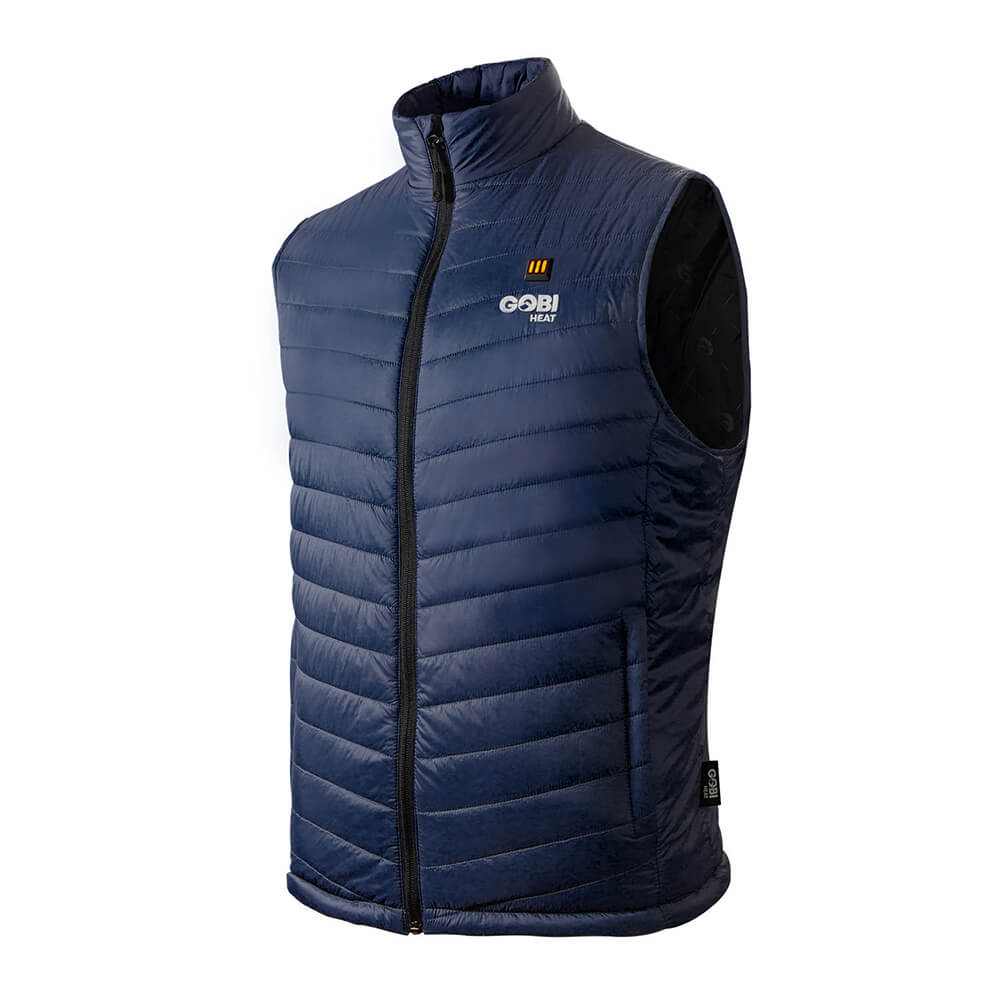 Dune Mens Heated Vest in navy, lightweight and abrasion-resistant with conductive heating, USB charging, available in four colors.