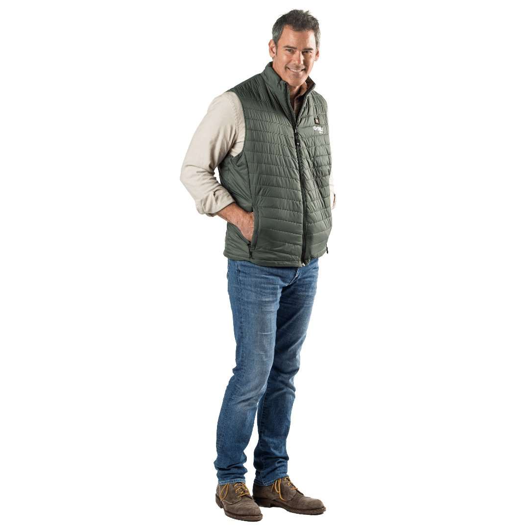 Dune Mens Heated Vest in green, lightweight nylon, featuring conductive thread heating elements, with adjustable warmth settings.