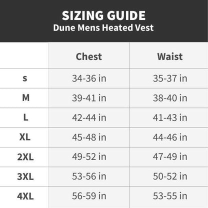 Sizing guide for Dune Mens Heated Vest with chest and waist measurements for sizes S to 4XL.