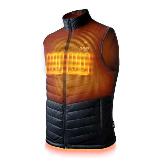 Dune Mens Heated Vest with lightweight nylon and conductive heating elements for up to 10 hours of warmth, available in Onyx, Moss, Navy, and Horizon.