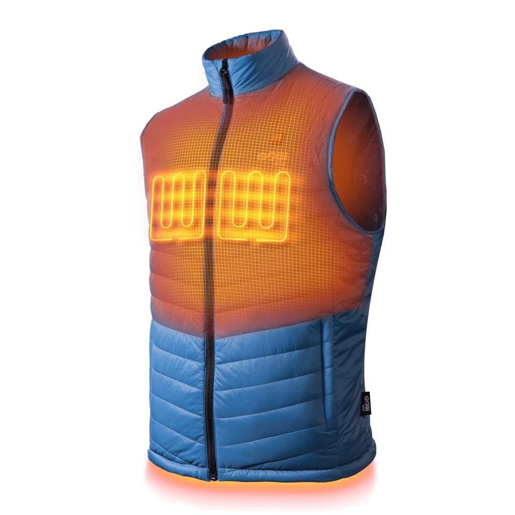 Dune Mens Heated Vest with conductive thread heating and USB charging, shown in blue.