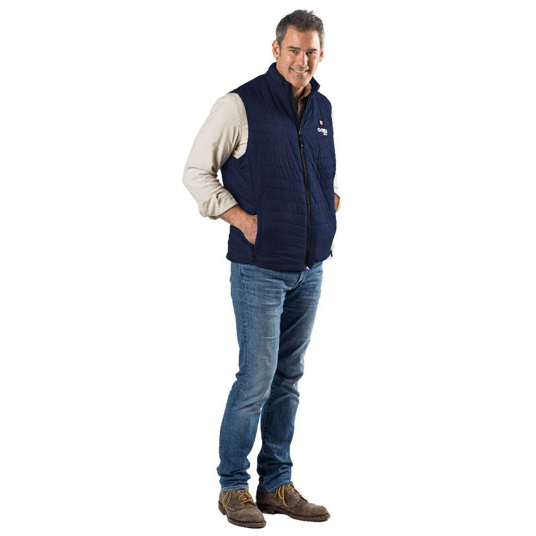 Dune Mens Heated Vest in navy, lightweight and abrasion-resistant with conductive heating elements, ideal for staying warm.