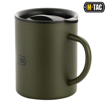 Olive M-Tac 13oz stainless steel thermal mug with insulated double-wall design and drink-through lid.