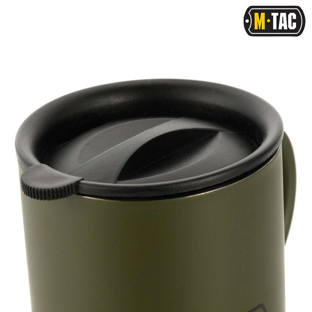 M-Tac 13oz Thermal Mug in olive color with stainless steel construction and black lid.