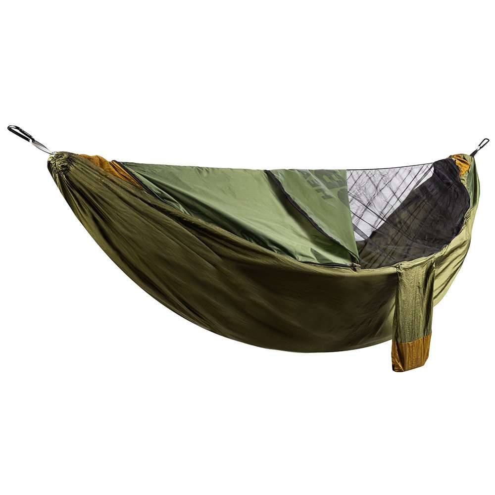 Eclipse Heated Hammock Tent in Pine color with integrated bug net and wind shield.