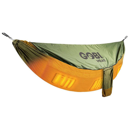 Eclipse Heated Hammock Tent with rechargeable battery and bug net in Pine color.