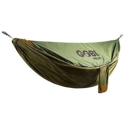 Eclipse Heated Hammock Tent by Gobi Heat with integrated bug net and wind shield in Pine color.