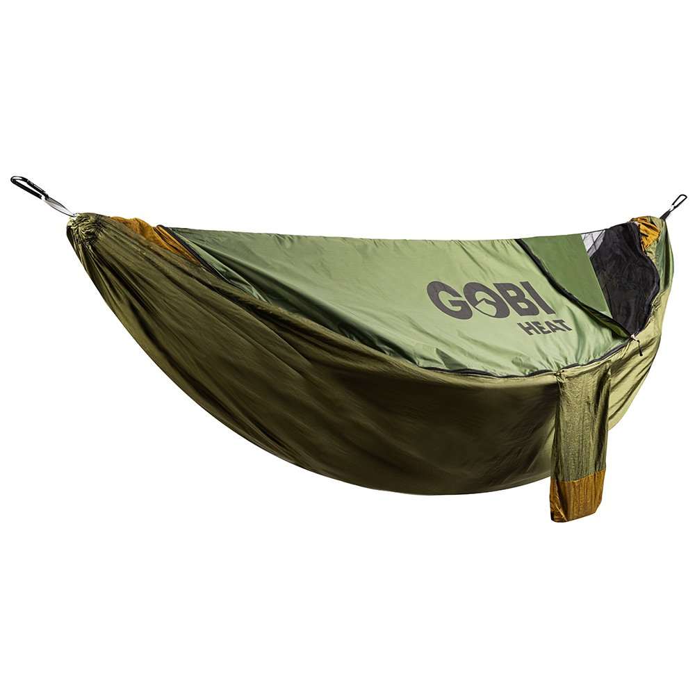 Eclipse Heated Hammock Tent by Gobi Heat in Pine color with integrated bug net and wind shield.