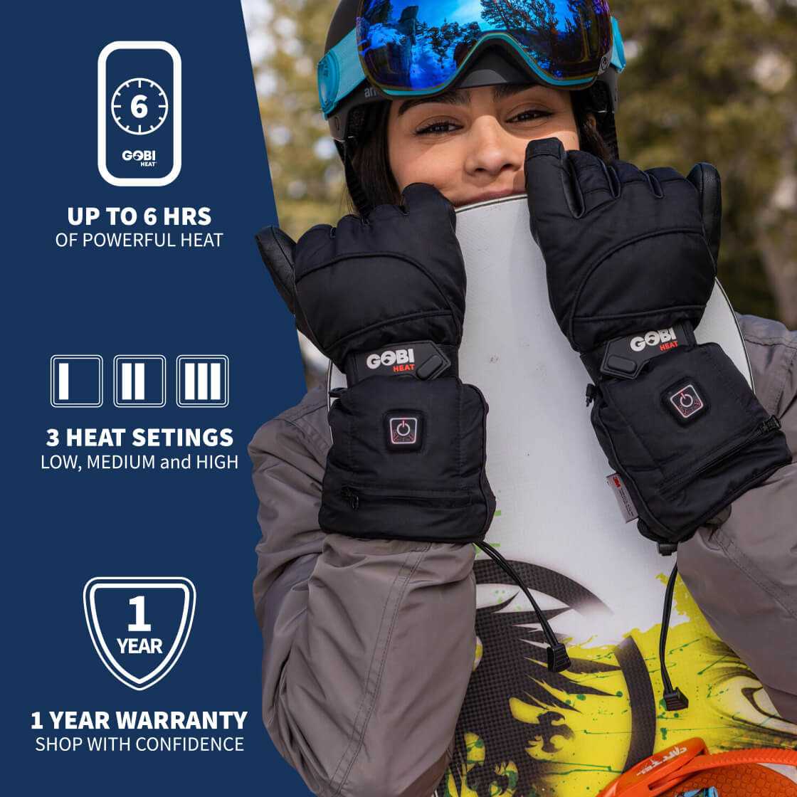 Epic Heated Gloves with up to 6 hours of warmth, 3 heat settings, and Etip finger design for winter activities.