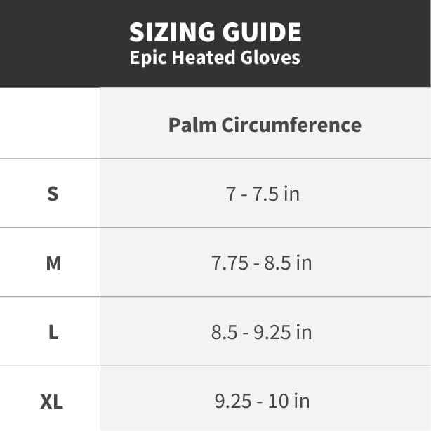 Sizing guide for Epic Heated Gloves showing palm circumference for sizes S, M, L, and XL.