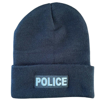 Black Equinoxx Police Beanie with "POLICE" text, breathable and ultra-soft, made from 100% acrylic.