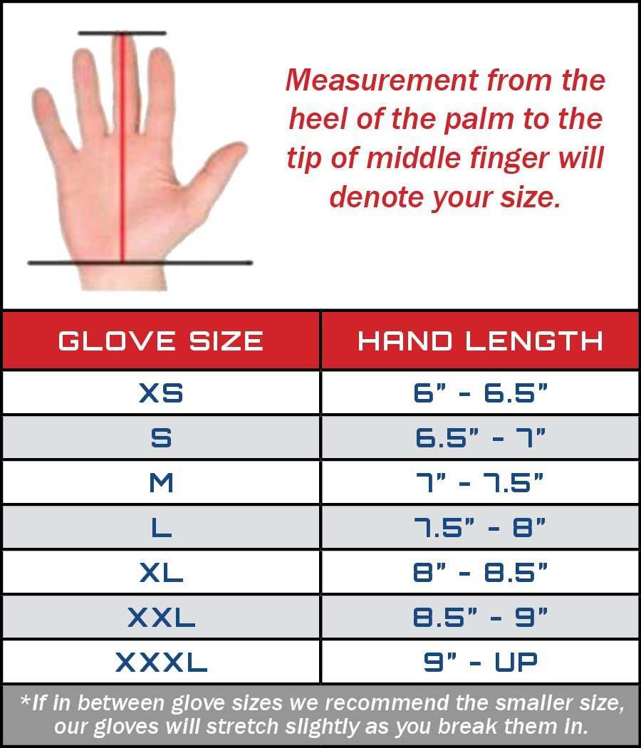 Exxtremity Patrol Gloves 2.0 size chart with hand length measurements for glove sizes XS to XXXL.