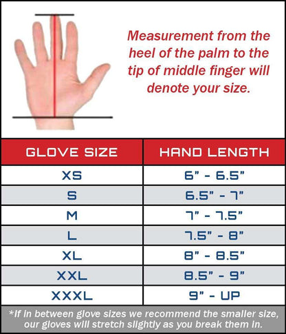 Exxtremity Patrol Gloves 2.0 size chart with hand length measurements for glove sizes XS to XXXL.