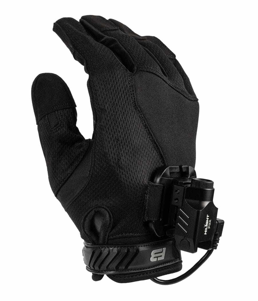 Exxtremity Patrol Gloves 2.0 with LED light mounted, durable black nylon and synthetic leather, touch-screen compatible.