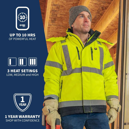 Hi vis heated jacket with ANSI Class 3 certification, 10-hour battery life, three heat settings, wind and water-resistant with secure zipper pockets.