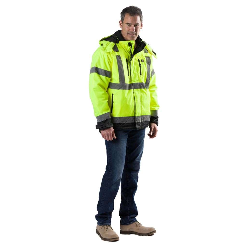 Hi vis heated jacket with ANSI Class 3 certification, wind and water-resistant, featuring LED controller and multiple heat zones.