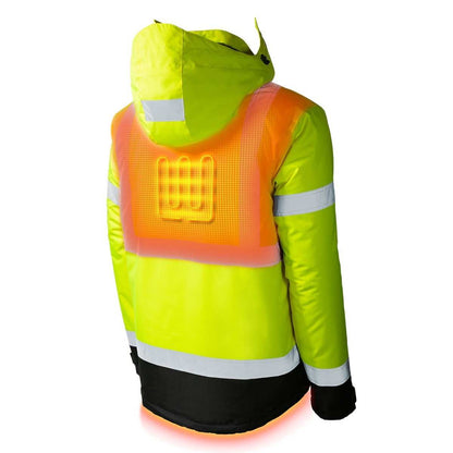 Hi vis heated jacket with LED controller, wind and water-resistant, ANSI Class 3 certified, featuring 5 heat areas.