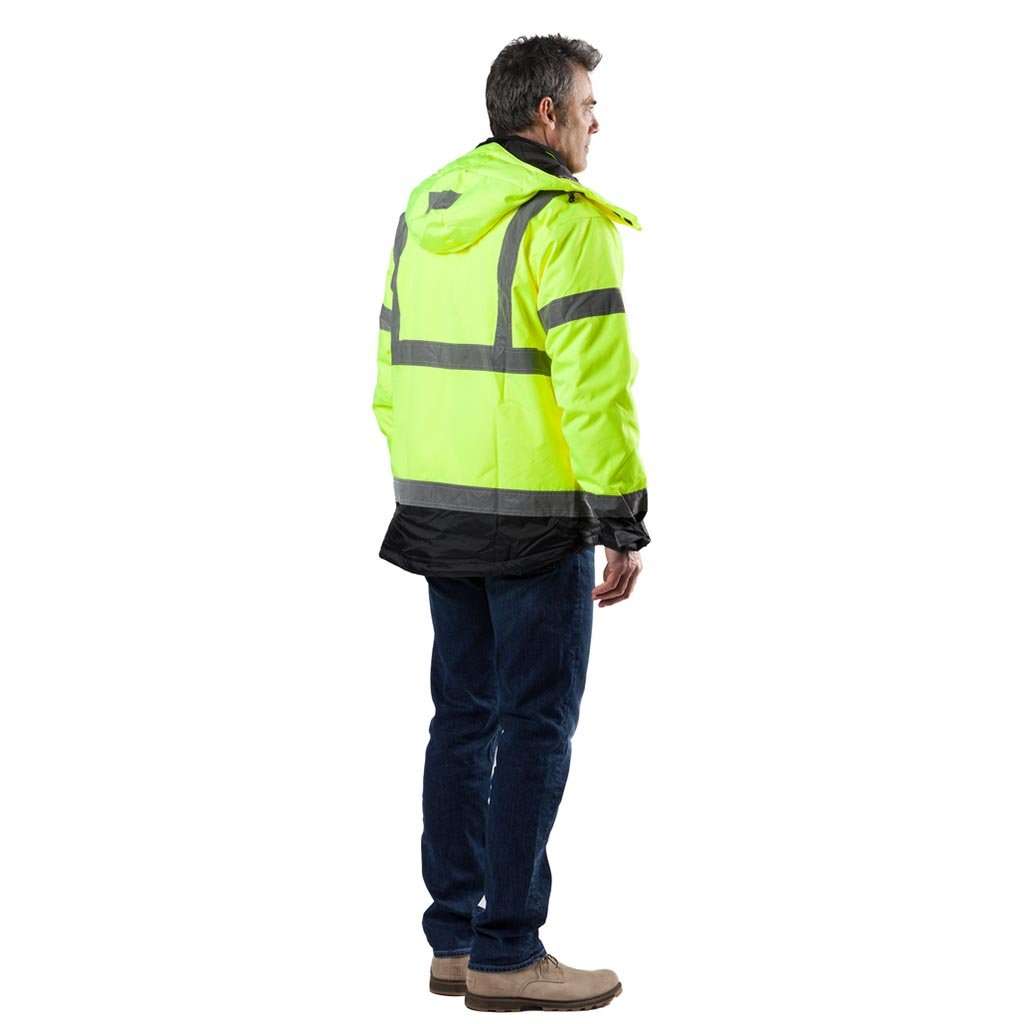 Hi vis jacket, ANSI Class 3 certified, flash heated, wind and water-resistant, yellow exterior, men's workwear.