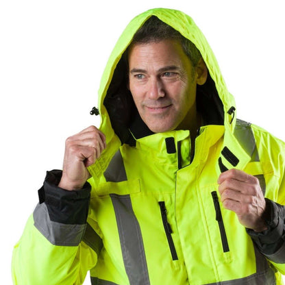 Hi vis heated jacket with ANSI Class 3 certification, 10-hour battery, LED temperature control, wind and water-resistant, zipper pockets.