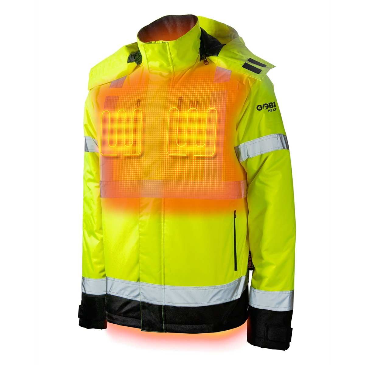 Hi vis heated jacket with long-lasting battery, 3 temperature settings, and wind-resistant exterior.