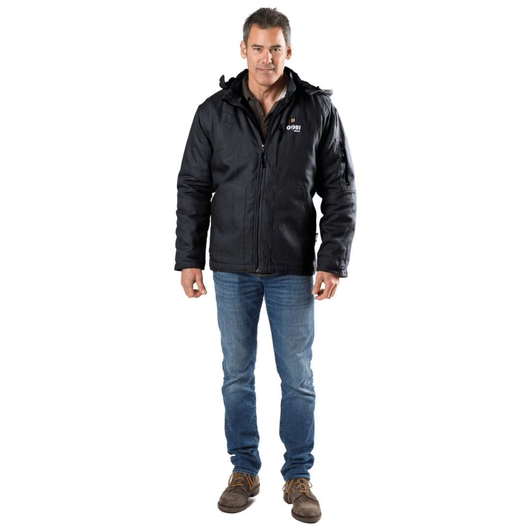 Grit Mens Heated Workwear Jacket in black, durable duck cotton, with detachable hood and heavy-duty zippers.