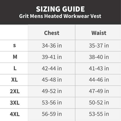 Sizing guide for Grit Mens Heated Workwear Jacket, featuring chest and waist measurements for sizes S to 4XL.