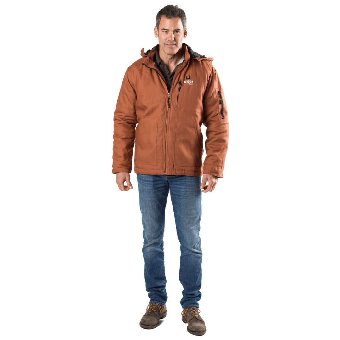 Grit Mens Heated Workwear Jacket in Camel with detachable hood and durable design.