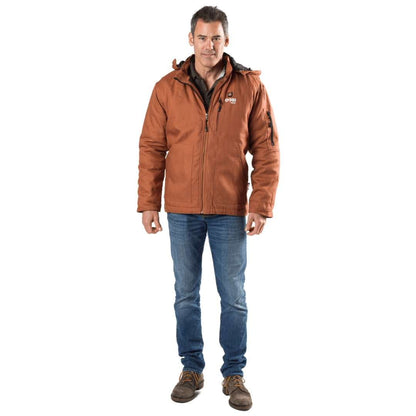 Grit Mens Heated Workwear Jacket in Camel with detachable hood and durable design.