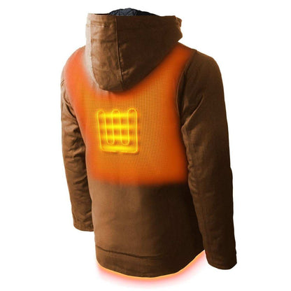 Grit Mens Heated Workwear Jacket with detachable hood and battery-powered heat zones.