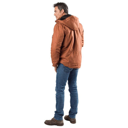 Grit Mens Heated Workwear Jacket in Camel, featuring durable duck cotton and a detachable hood.